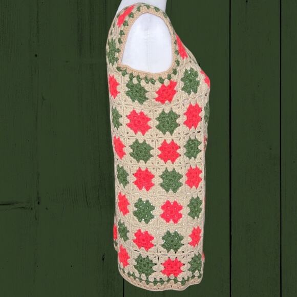 Vintage Tan Pink Green Granny Square 70s Crocheted Button Front Vest Sweater S/M - Picture 2 of 8